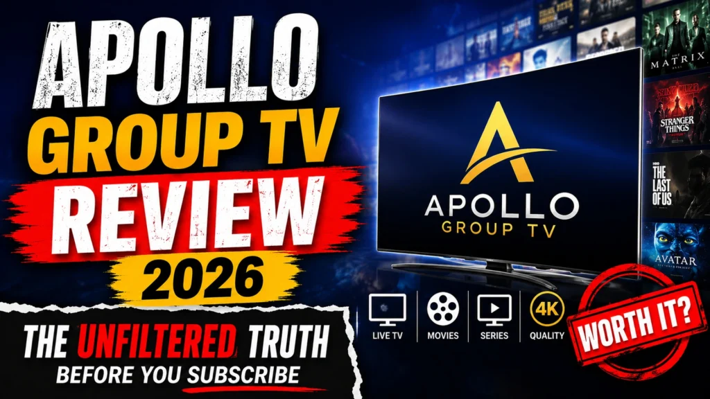 Apollo Group TV Review 2026 – Live TV, Movies, Series, and 4K Quality IPTV service feature image showing the Apollo Group TV logo on a smart TV screen