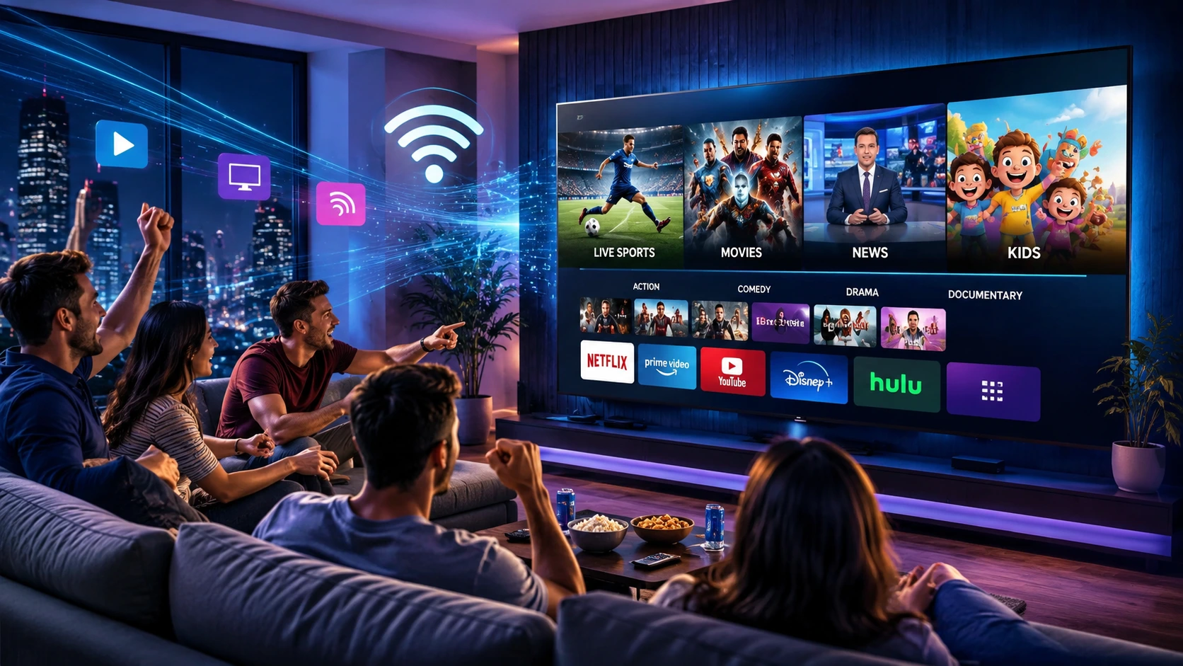Happy family and young friends enjoying IPTV streaming services on a large smart TV in a modern living room with live sports, movies, news, kids channels, streaming apps, neon lighting, and futuristic entertainment atmosphere.