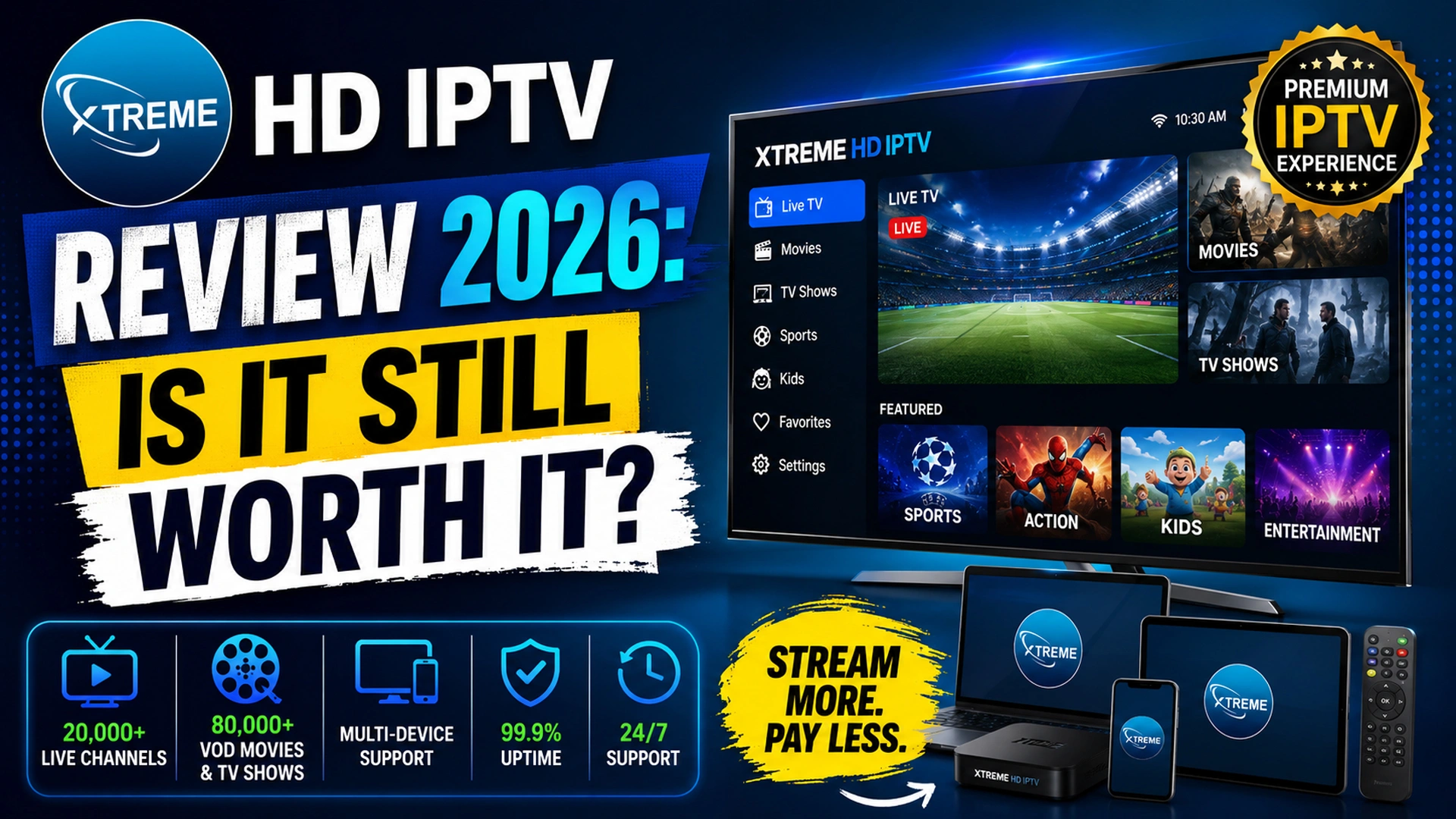 Xtreme HD IPTV review 2026 showing the service interface with 20,000+ live channels, 80,000+ VOD movies, multi-device support, 99.9% uptime, and 24/7 support