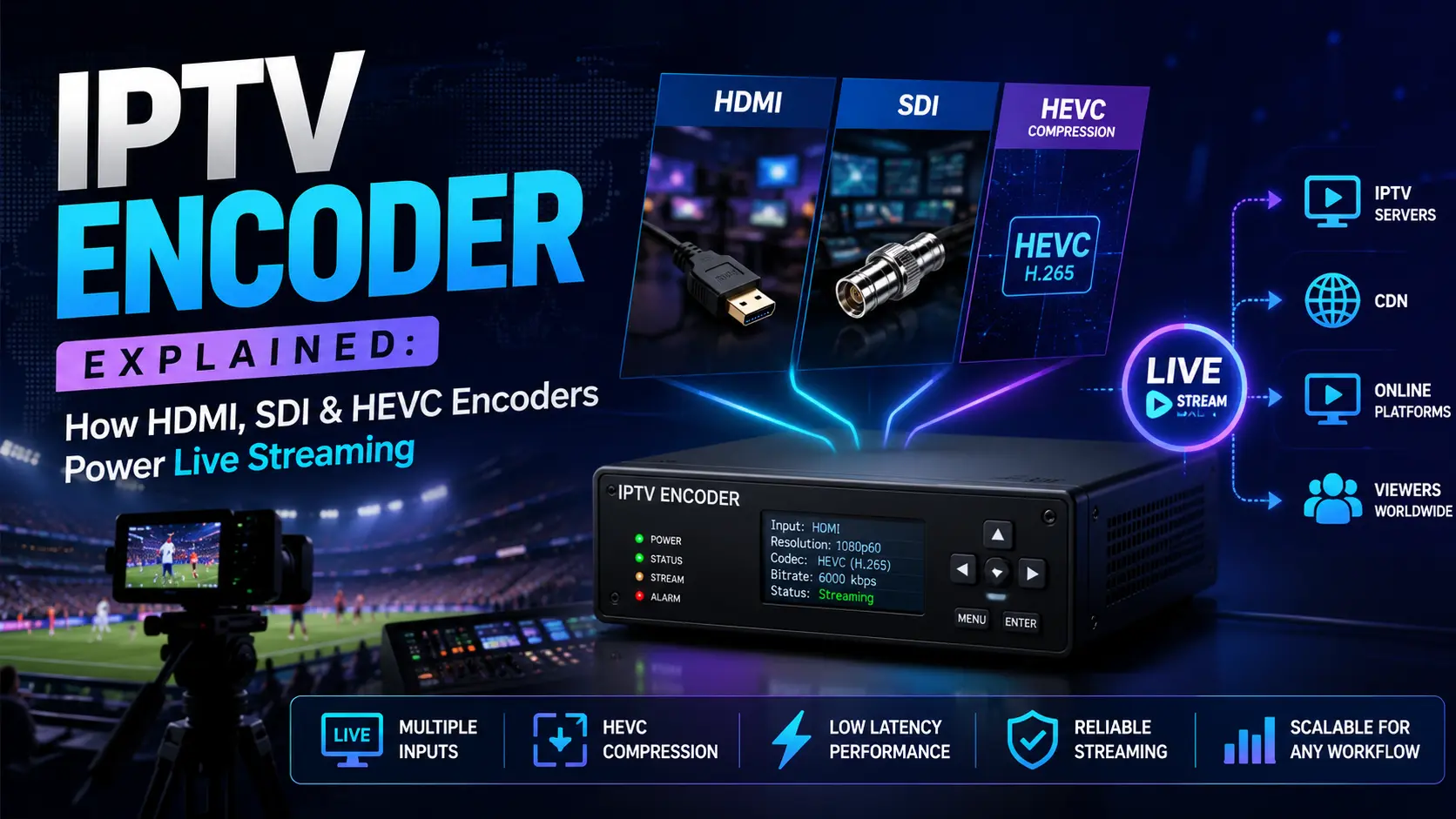 IPTV encoder diagram showing HDMI, SDI, and HEVC compression inputs streaming to servers and viewers
