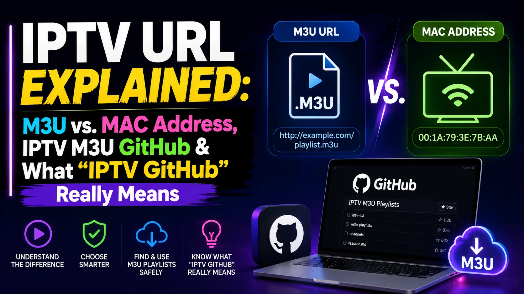 Infographic comparing IPTV URL types — M3U playlist URL vs. MAC address activation — next to a GitHub repository of IPTV M3U playlists
