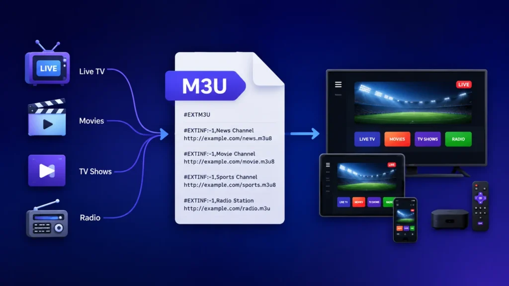 Diagram showing how an M3U playlist file combines live TV, movies, TV shows, and radio stream URLs into a single file that plays on TVs, tablets, phones, and streaming boxes