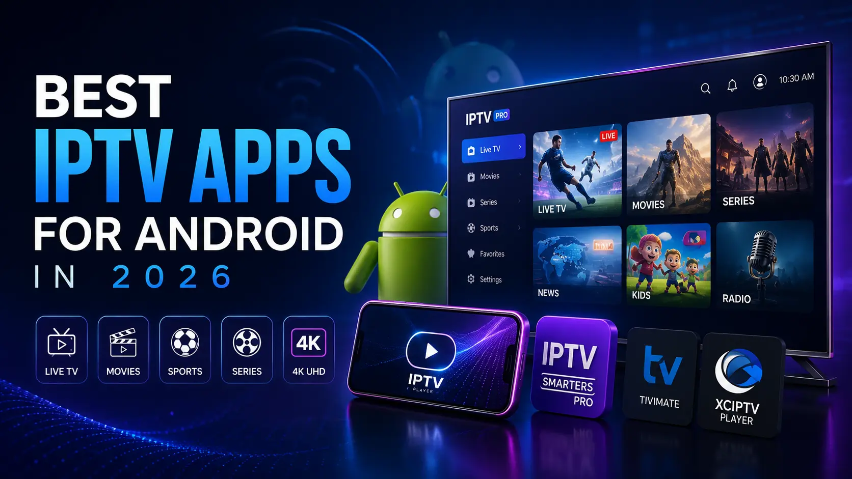 Best IPTV apps for Android in 2026 — IPTV Smarters Pro, TiviMate, and XCIPTV Player on phone and TV screen