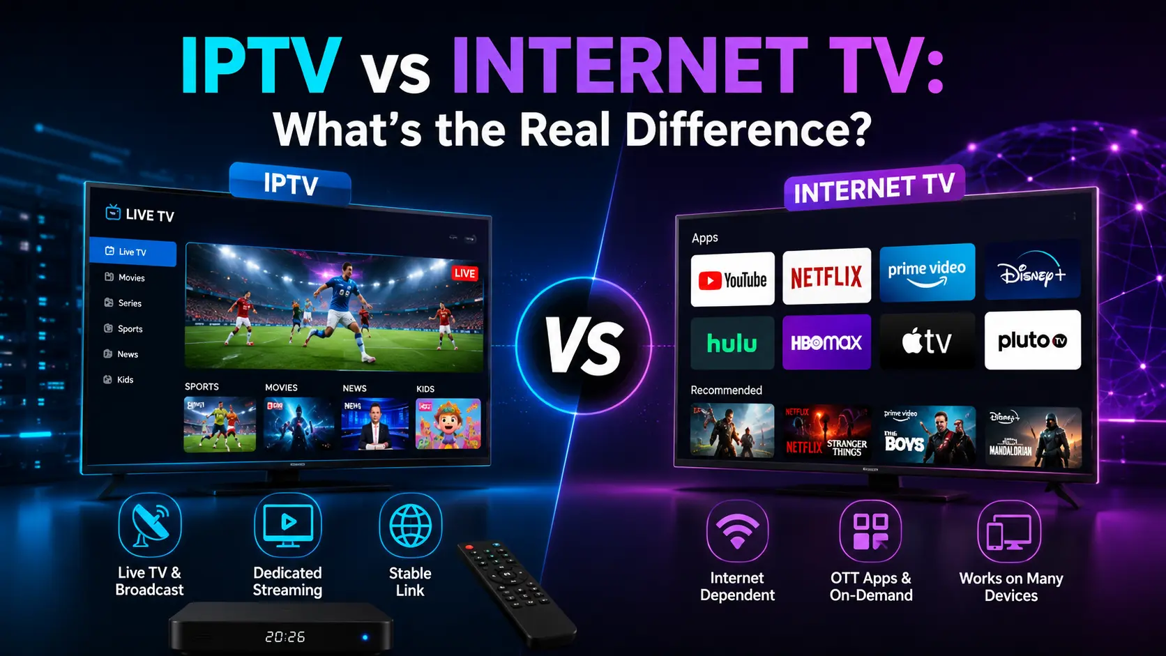 IPTV vs Internet TV comparison showing a live sports broadcast on an IPTV set-top box next to streaming apps like Netflix, Disney+, and Hulu on a smart TV