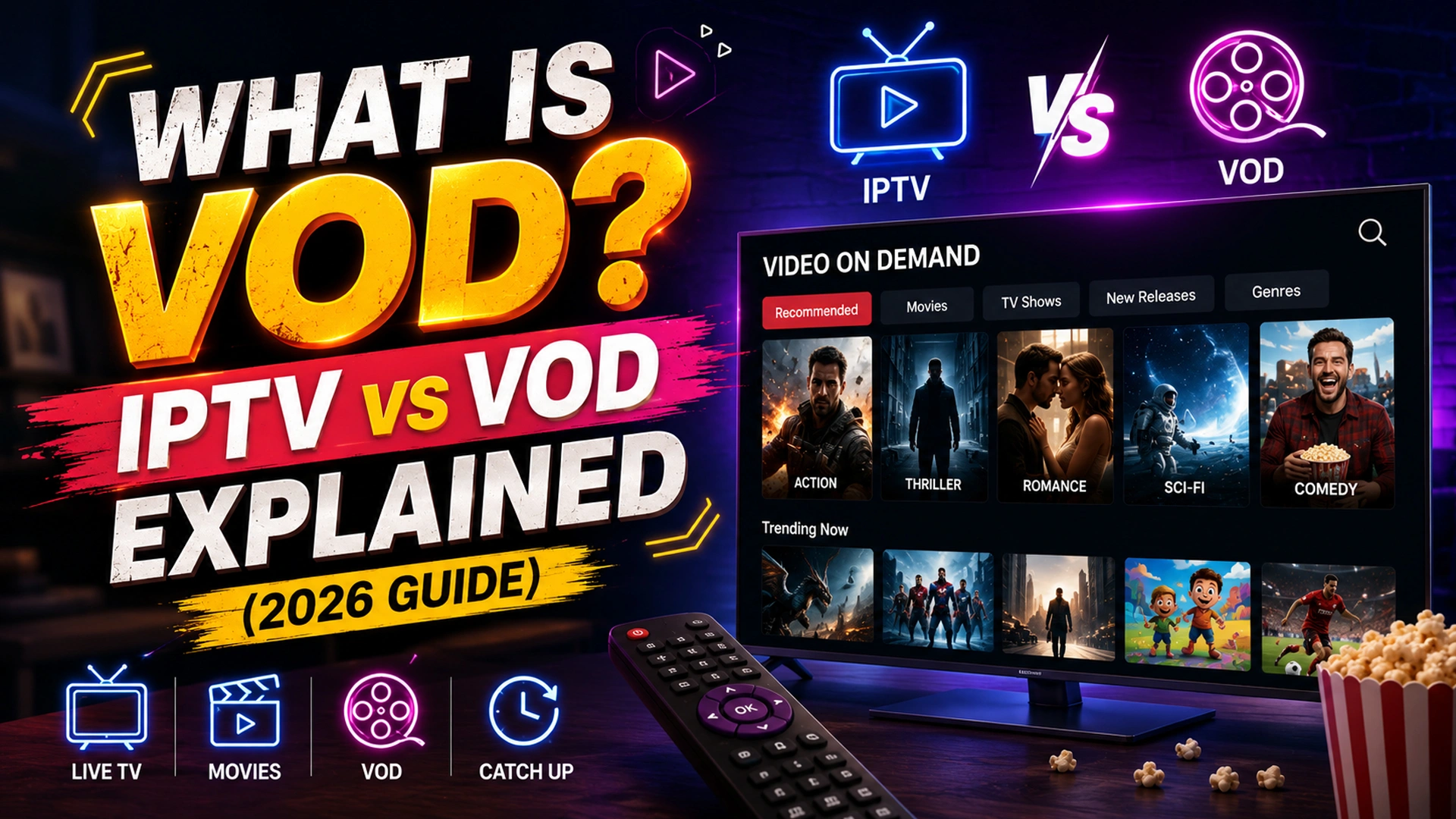 What is VOD? IPTV vs VOD explained — video on demand streaming interface with movie genres, live TV, and catch-up icons