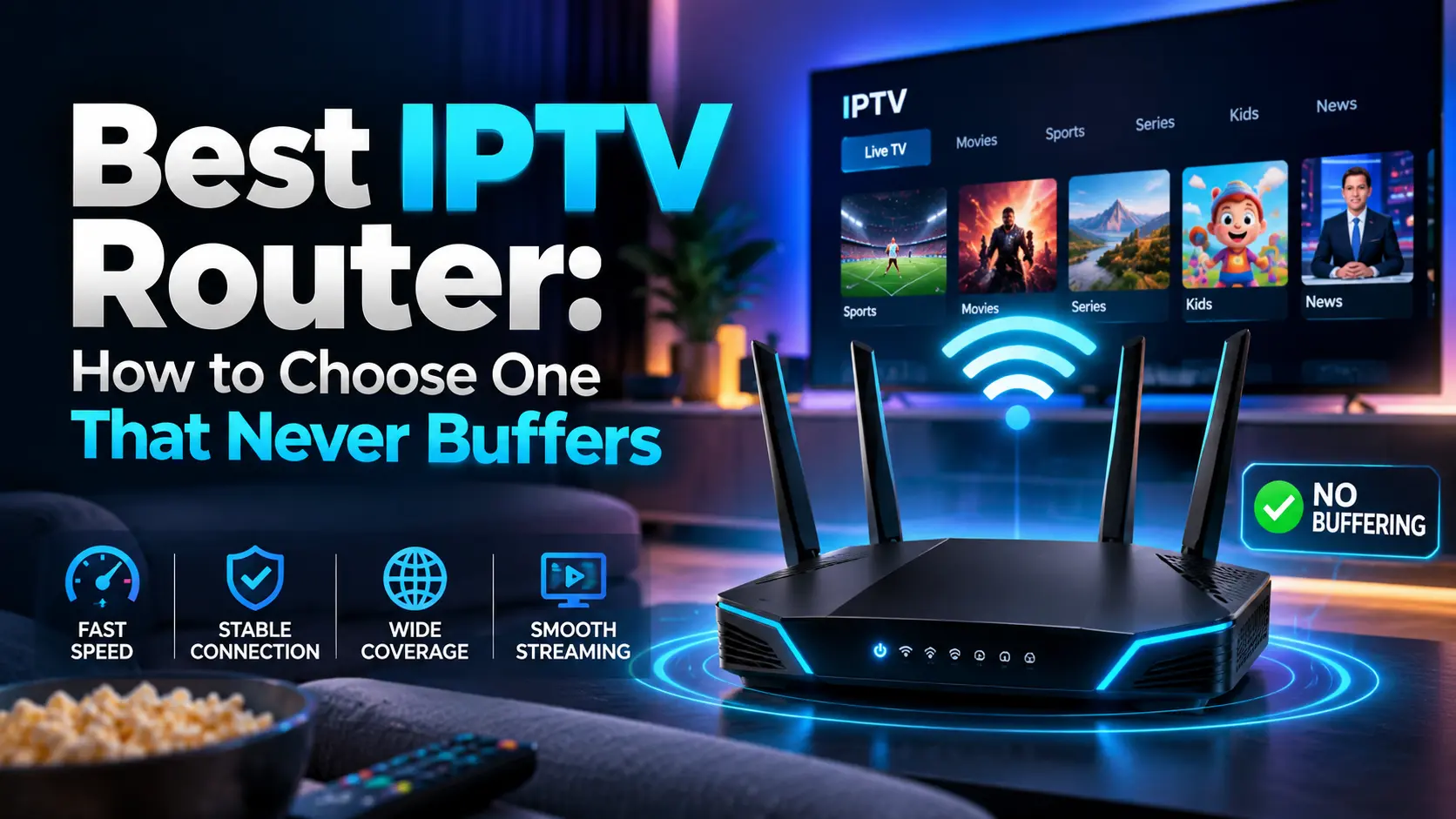 Best IPTV router setup showing a Wi-Fi 6 router streaming live sports, movies, and kids channels to a smart TV with no buffering