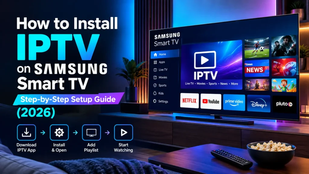 IPTV player app open on a Samsung Smart TV showing live channel categories