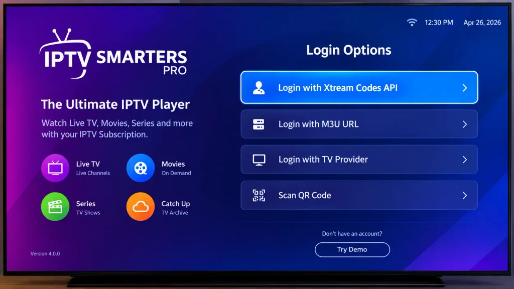 IPTV Smarters Pro screen showing the Xtream Codes API login option