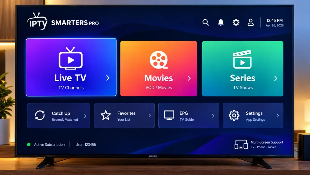IPTV Smarters Pro home screen with Live TV, Movies and Series on Samsung TV