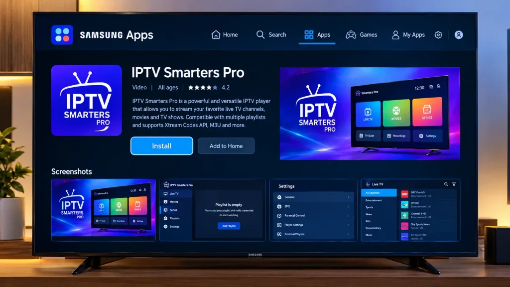 IPTV Smarters Pro app page with Install button on Samsung TV