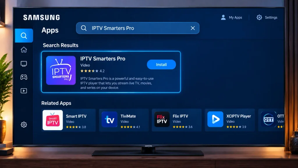 Searching for IPTV Smarters Pro in the Samsung Apps store