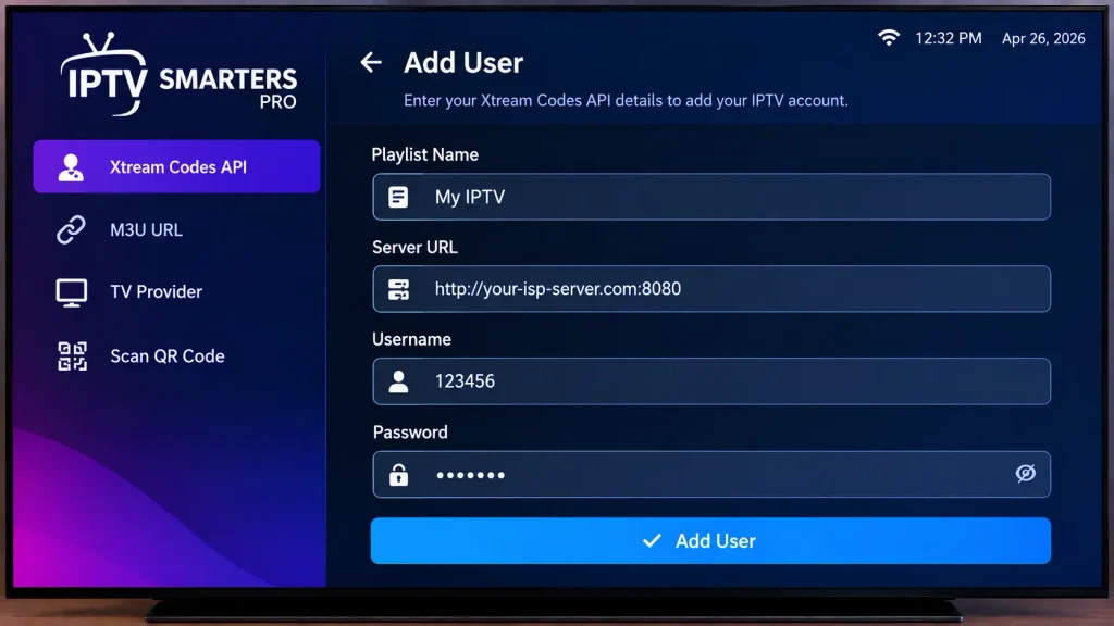 Username, password and server URL fields in IPTV Smarters Pro