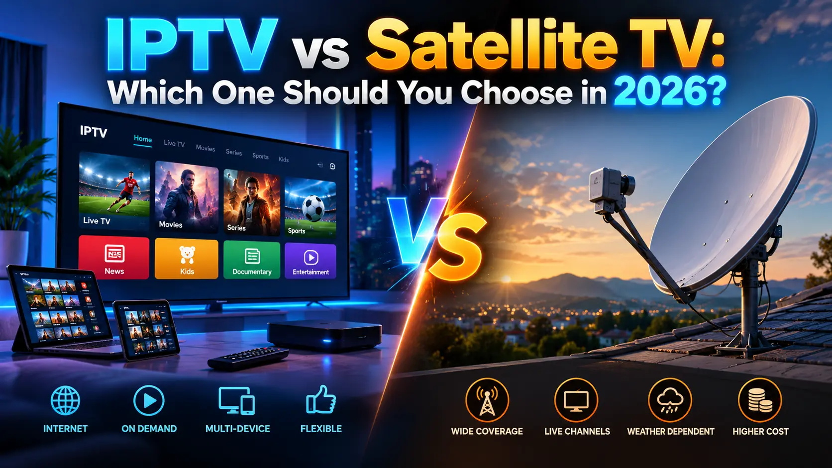 IPTV vs satellite TV comparison showing a smart TV streaming interface next to a satellite dish at sunset