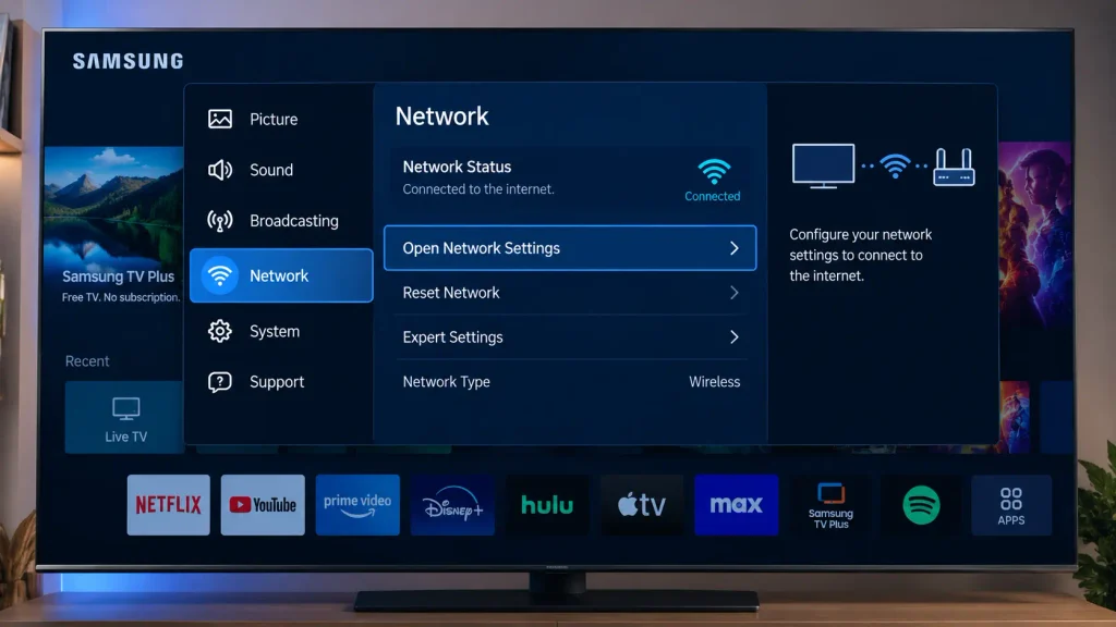 Samsung Smart TV network settings menu with wired and wireless options