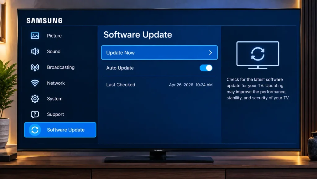 Samsung TV Support menu showing the Software Update option
