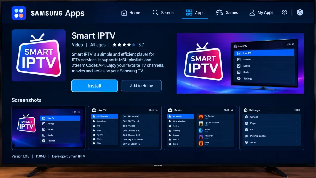 Smart IPTV app listing in the Samsung Apps store Video category