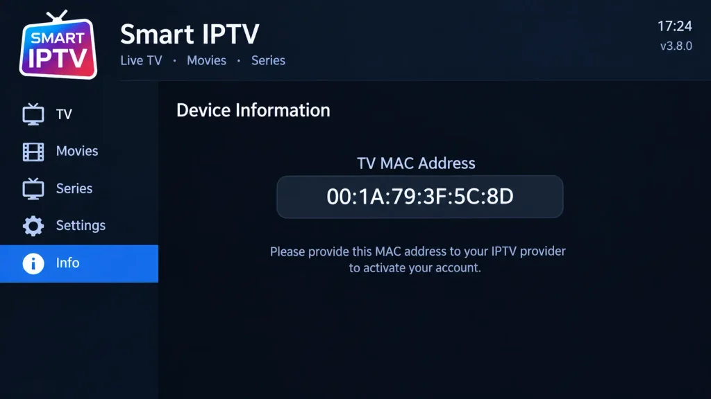 Smart IPTV app displaying the Samsung TV MAC address